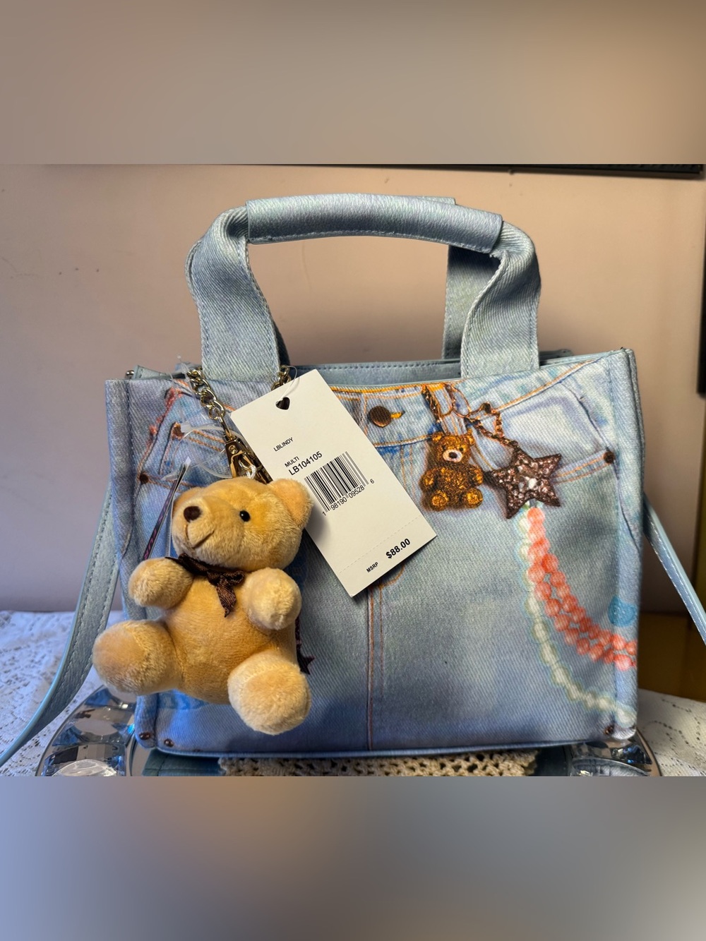 Betsey Johnson Light Blue Denim Mini Tote with Teddy Charm - Picture 11 of 12
